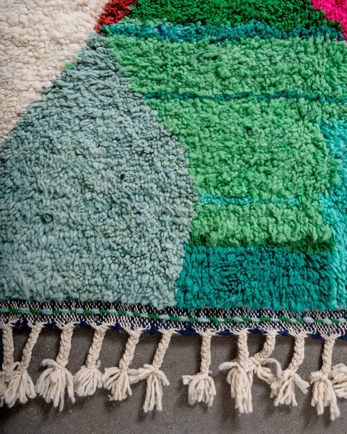 Modern, designer, handcrafted Berber rug from Morocco. Beniourain carpet with beautiful colours and patterns and fluffy wool texture.